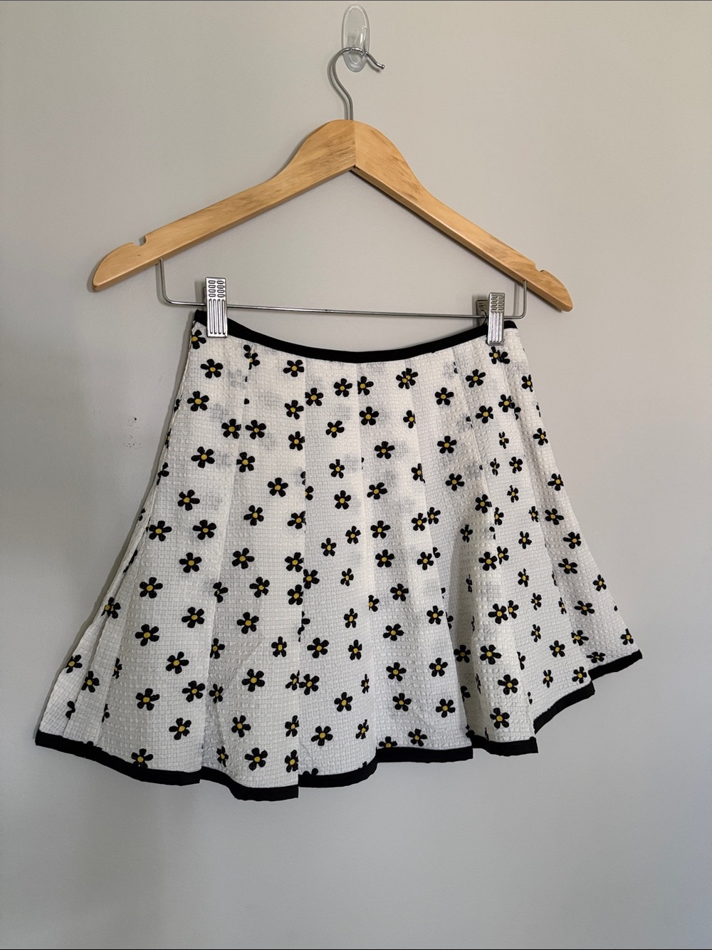 White Floral A-Line Skirt with Black Trim